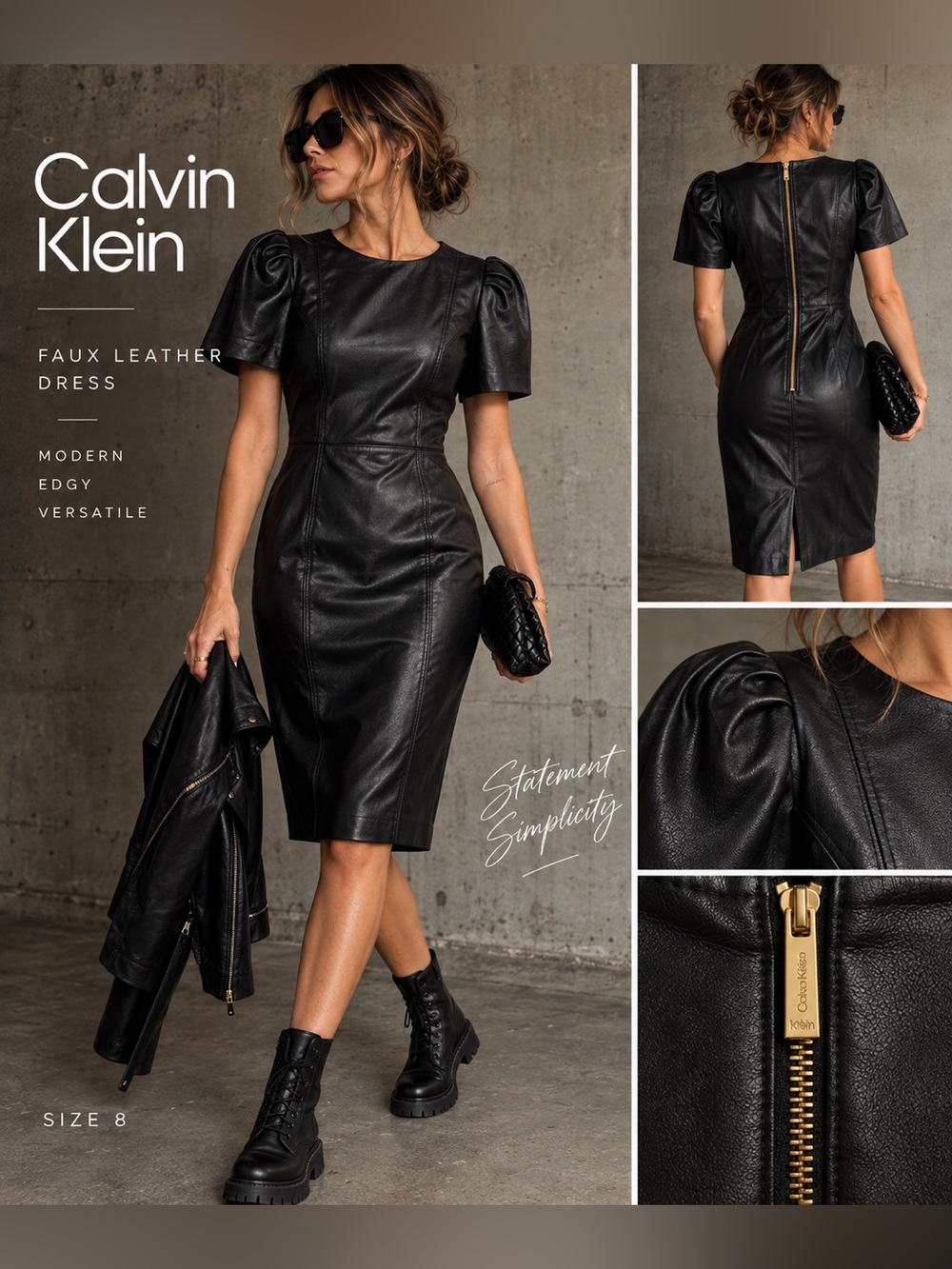 Calvin Klein Black Faux Leather Puff Sleeve Midi Sheath Dress Size 8